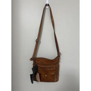 Vilenca Holland Women's Woven Genuine Leather Crossbody Bag Brown Shoulder Purse